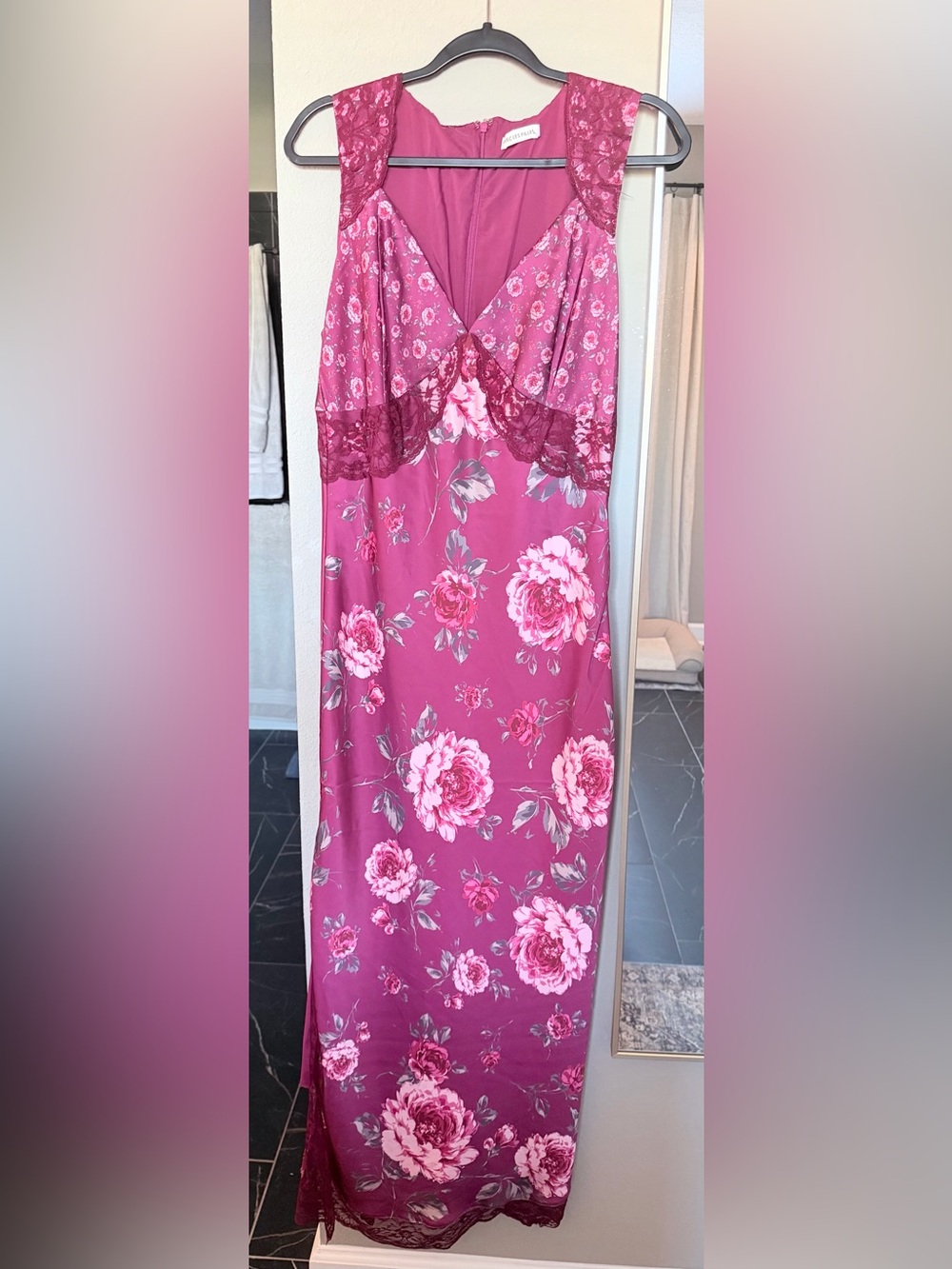 Floral Lace Trim Long Dress - Magenta